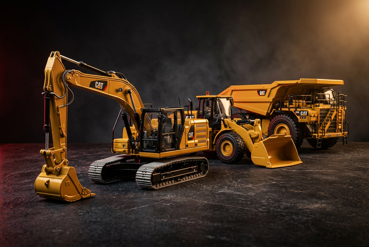 CAT collection cover with yellow scale-model construction equipment in a dark cinematic studio