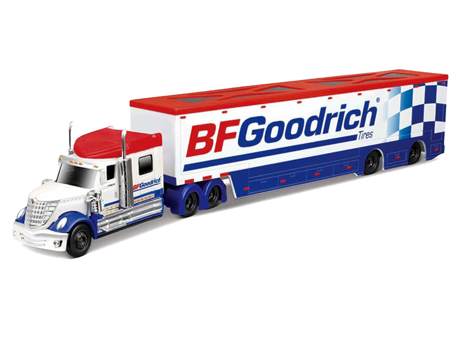 International LoneStar Enclosed Car Transporter "BF Goodrich" White with Blue Stripes and Red Top "Custom Haulers" Series 1/64 Diecast Model by Maisto