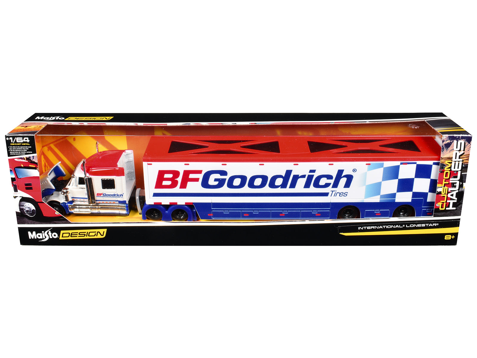 International LoneStar Enclosed Car Transporter "BF Goodrich" White with Blue Stripes and Red Top "Custom Haulers" Series 1/64 Diecast Model by Maisto