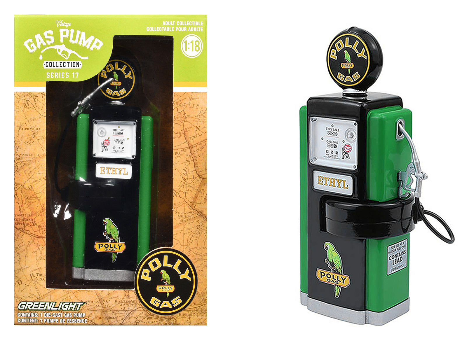 1948 Wayne 100-A Gas Pump "Polly Gas" Black and Green "Vintage Gas Pumps" Series 17 1/18 Diecast Replica by Greenlight