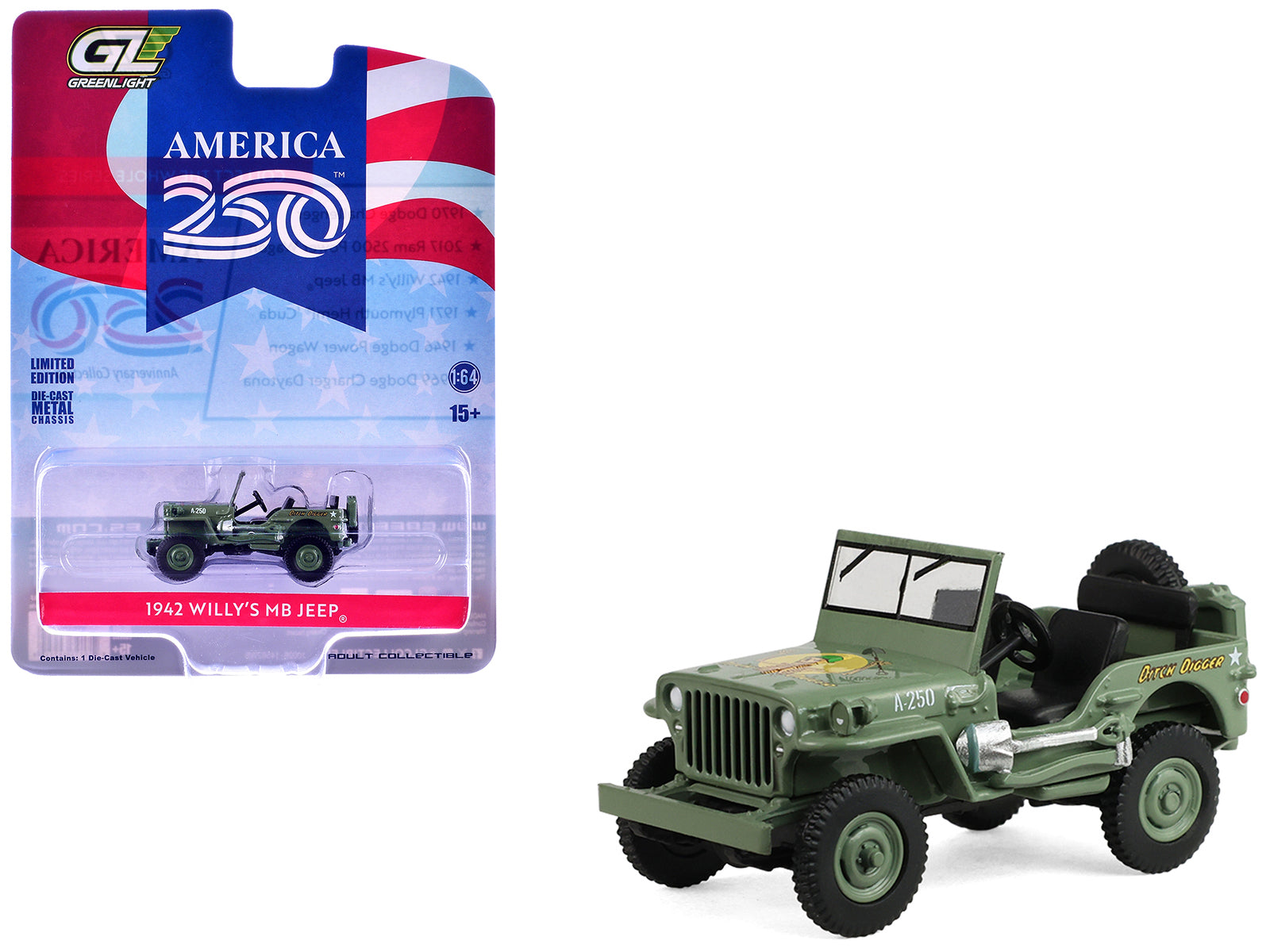 1942 Willyâ€™s MB Jeep Olive Green "America 250 Edition" "Anniversary Collection" Series 18 1/64 Diecast Model Car by Greenlight