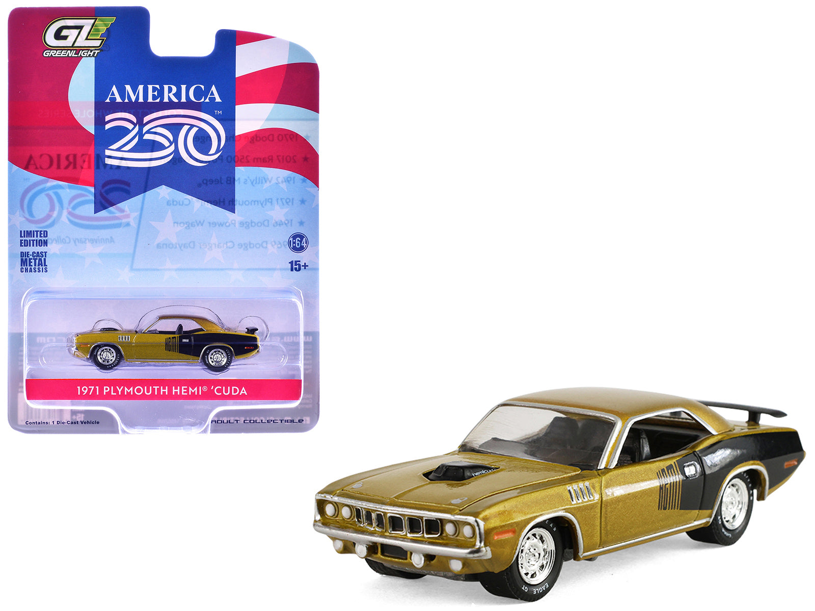 1971 Plymouth Hemi â€˜Cuda Gold Metallic with Black Accents "America 250 Edition" "Anniversary Collection" Series 18 1/64 Diecast Model Car by Greenlight