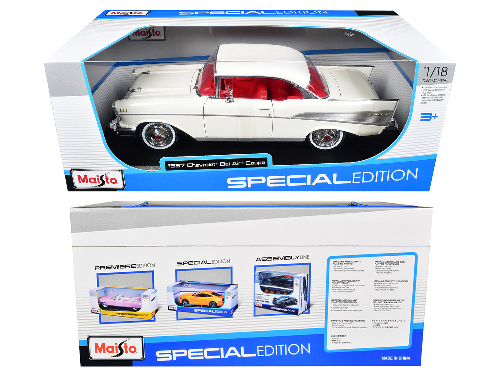 1957 Chevrolet Bel Air Coupe White with Red Interior "Special Edition" Series 1/18 Diecast Model Car by Maisto