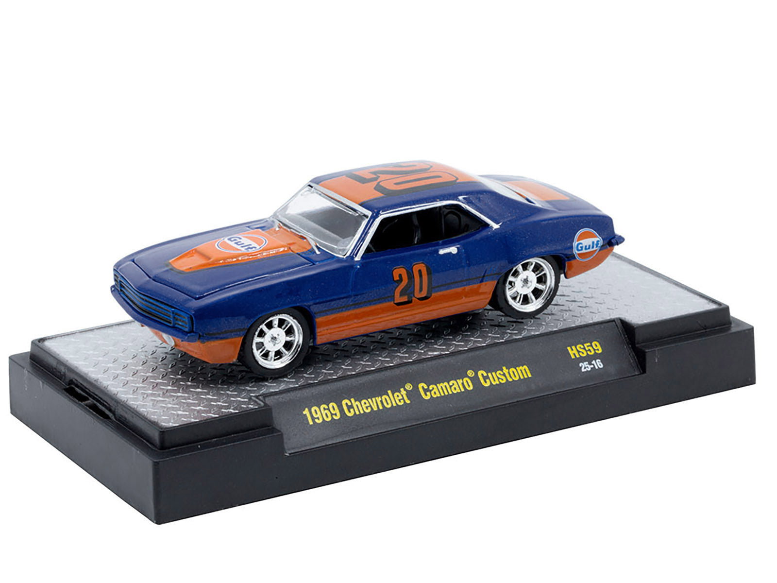1969 Chevrolet Camaro Custom #20 "Gulf Oil" Dark Blue and Orange Limited Edition to 5500 pieces Worldwide 1/64 Diecast Model Car by M2 Machines