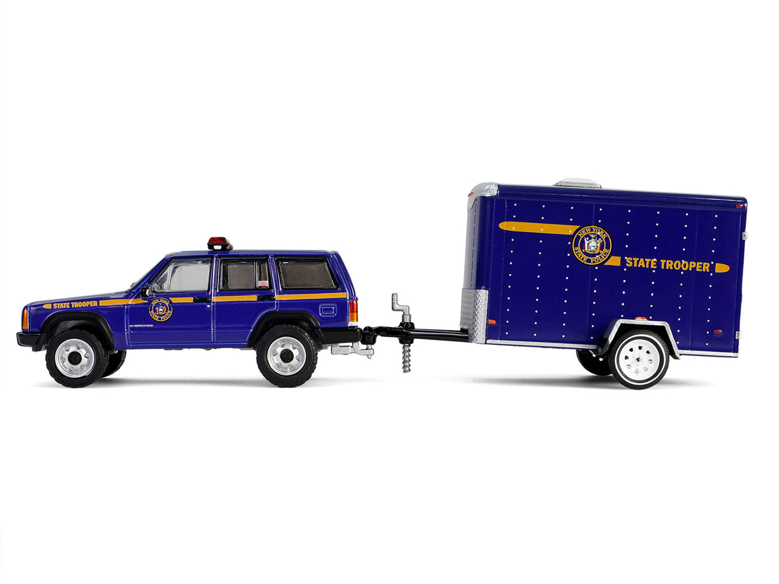 2001 Jeep Cherokee "New York State Police" Blue with Yellow Stripes and Small Cargo Trailer "Hot Pursuit Hitch & Tow" Series 1 1/64 Diecast Model Cars by Greenlight