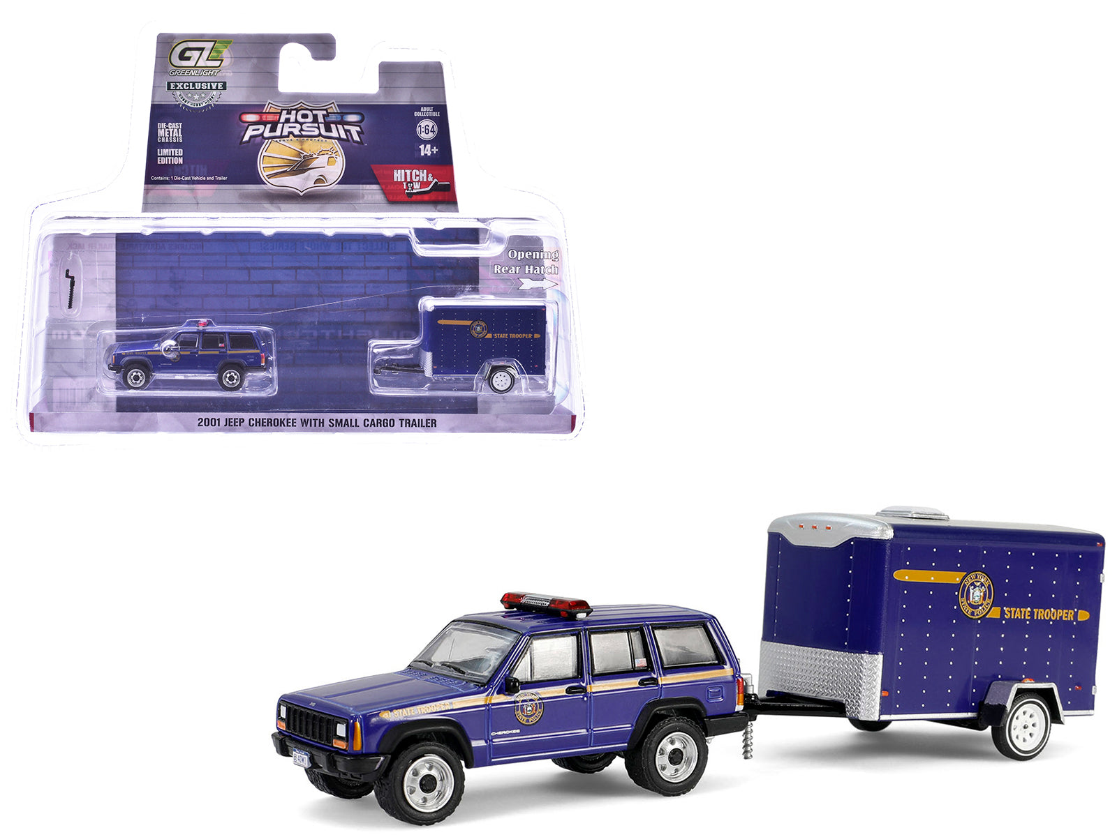 2001 Jeep Cherokee "New York State Police" Blue with Yellow Stripes and Small Cargo Trailer "Hot Pursuit Hitch & Tow" Series 1 1/64 Diecast Model Cars by Greenlight