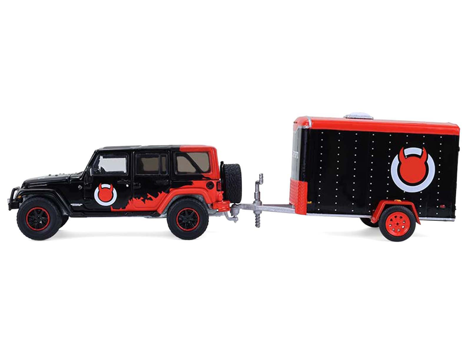 2012 Jeep Wrangler Unlimited "Diablo Sport" Black with Red Graphics and Small Cargo Trailer "Hitch & Tow" Series 33 1/64 Diecast Model Cars by Greenlight