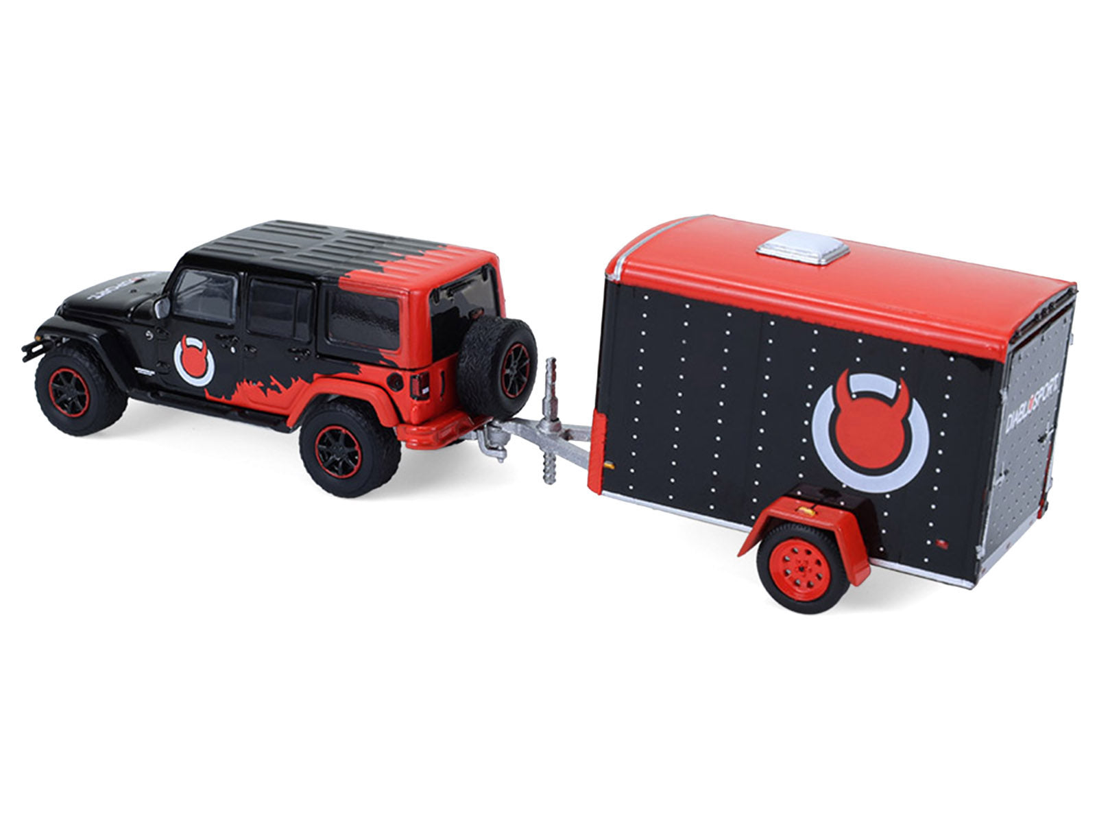 2012 Jeep Wrangler Unlimited "Diablo Sport" Black with Red Graphics and Small Cargo Trailer "Hitch & Tow" Series 33 1/64 Diecast Model Cars by Greenlight