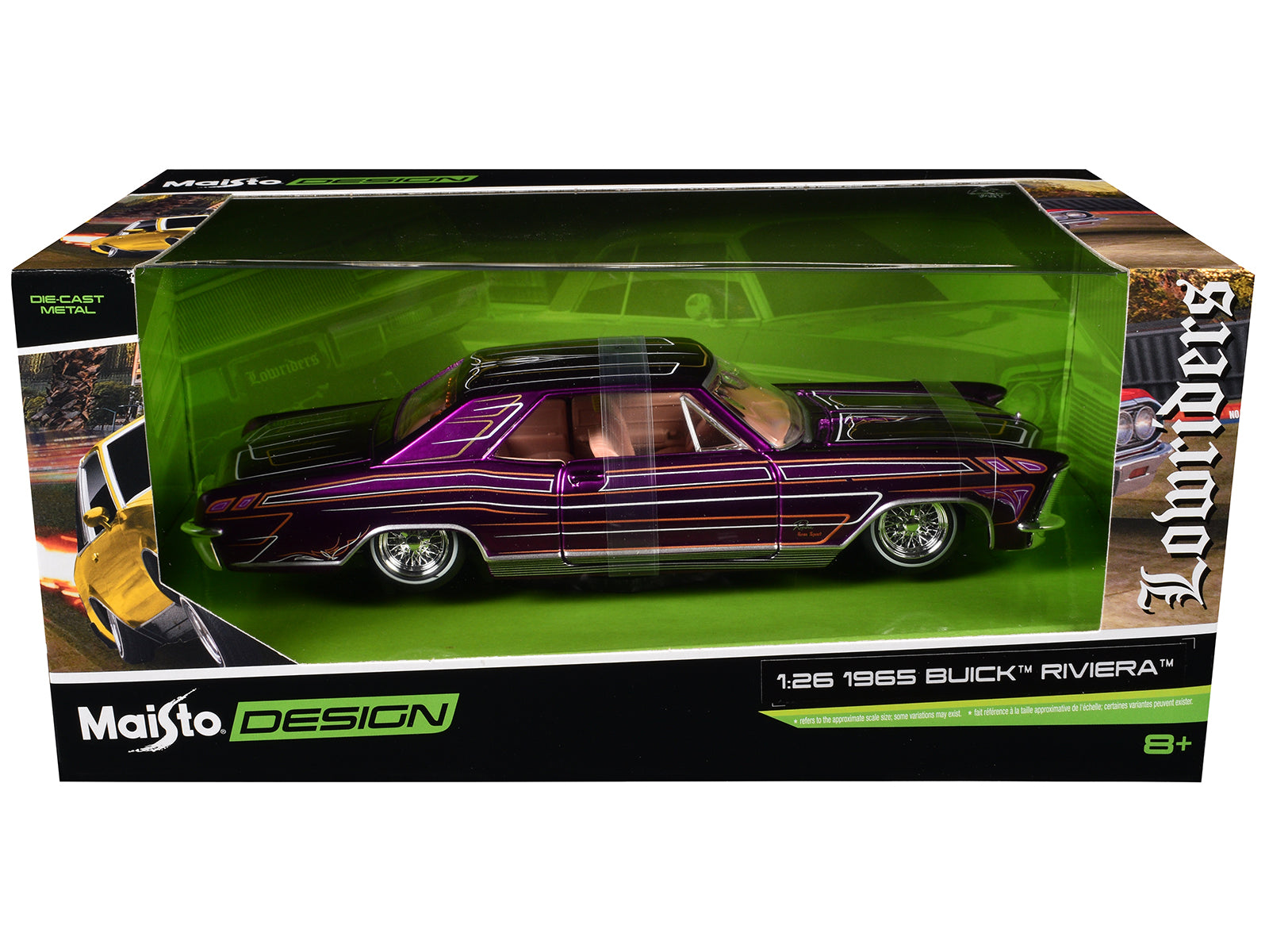 1965 Buick Riviera Lowrider Purple Metallic with Graphics "Lowriders" Series 1/26 Diecast Model Car by Maisto