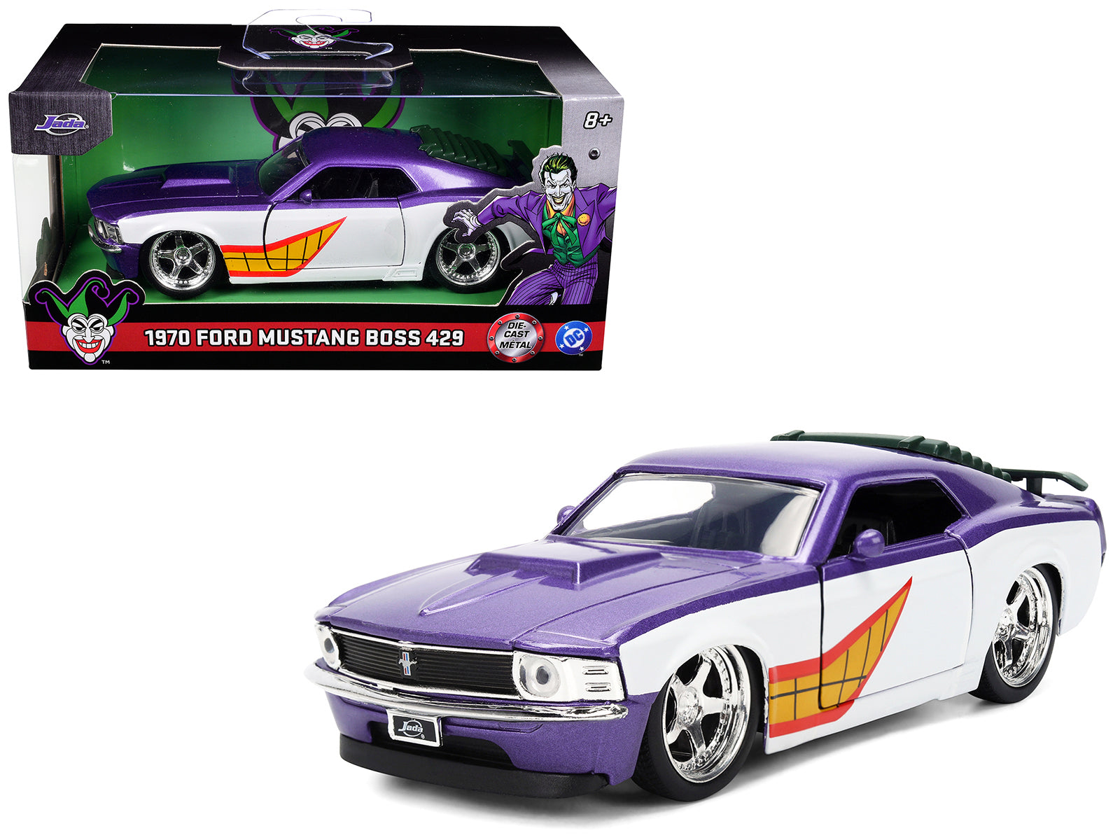 1970 Ford Mustang Boss "Joker" Livery Purple Metallic and White with Graphics "Batman" Franchise "Hollywood Rides" Series 1/32 Diecast Model Car by Jada