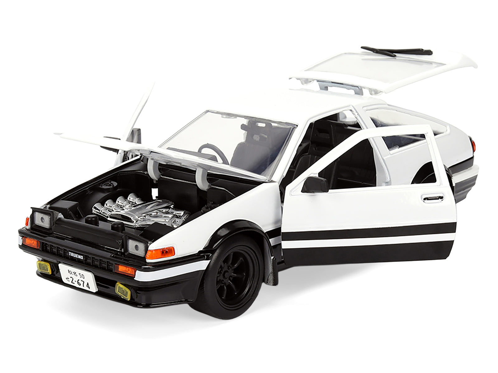 Toyota Trueno (AE86) RHD (Right Hand Drive) White and Black with Graphics and Takumi Diecast Figure "Initial D" (1998-2021) TV Series "Anime Hollywood Rides" Series 1/24 Diecast Model by Jada