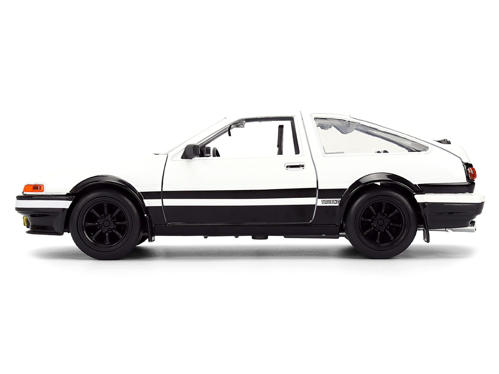 Toyota Trueno (AE86) RHD (Right Hand Drive) White and Black with Graphics and Takumi Diecast Figure "Initial D" (1998-2021) TV Series "Anime Hollywood Rides" Series 1/24 Diecast Model by Jada