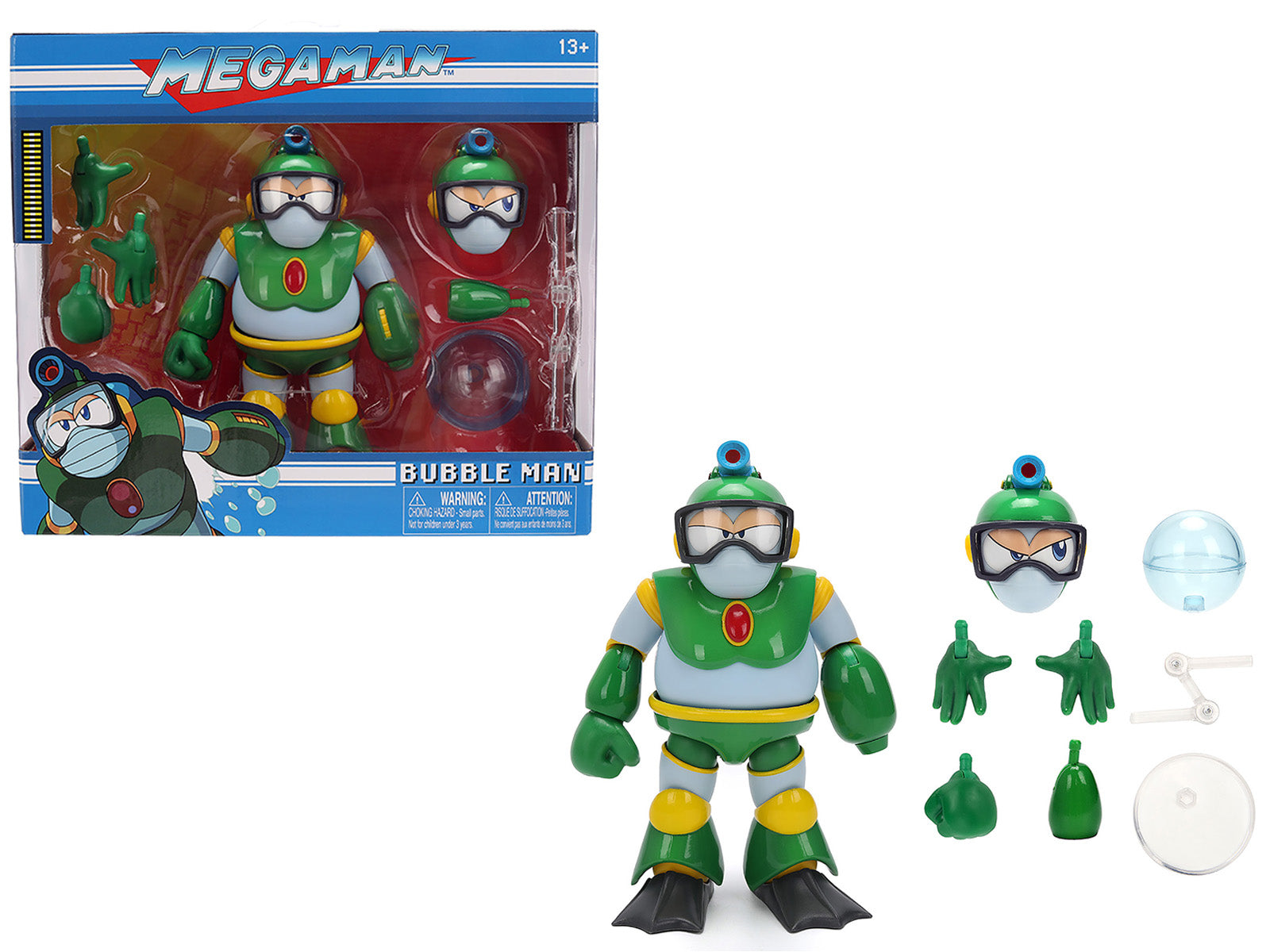 Bubble Man 5" Moveable Figure (Deluxe Version) with Accessories and Alternate Head and Hands "Mega Man" (1987) Video Game Model by Jada