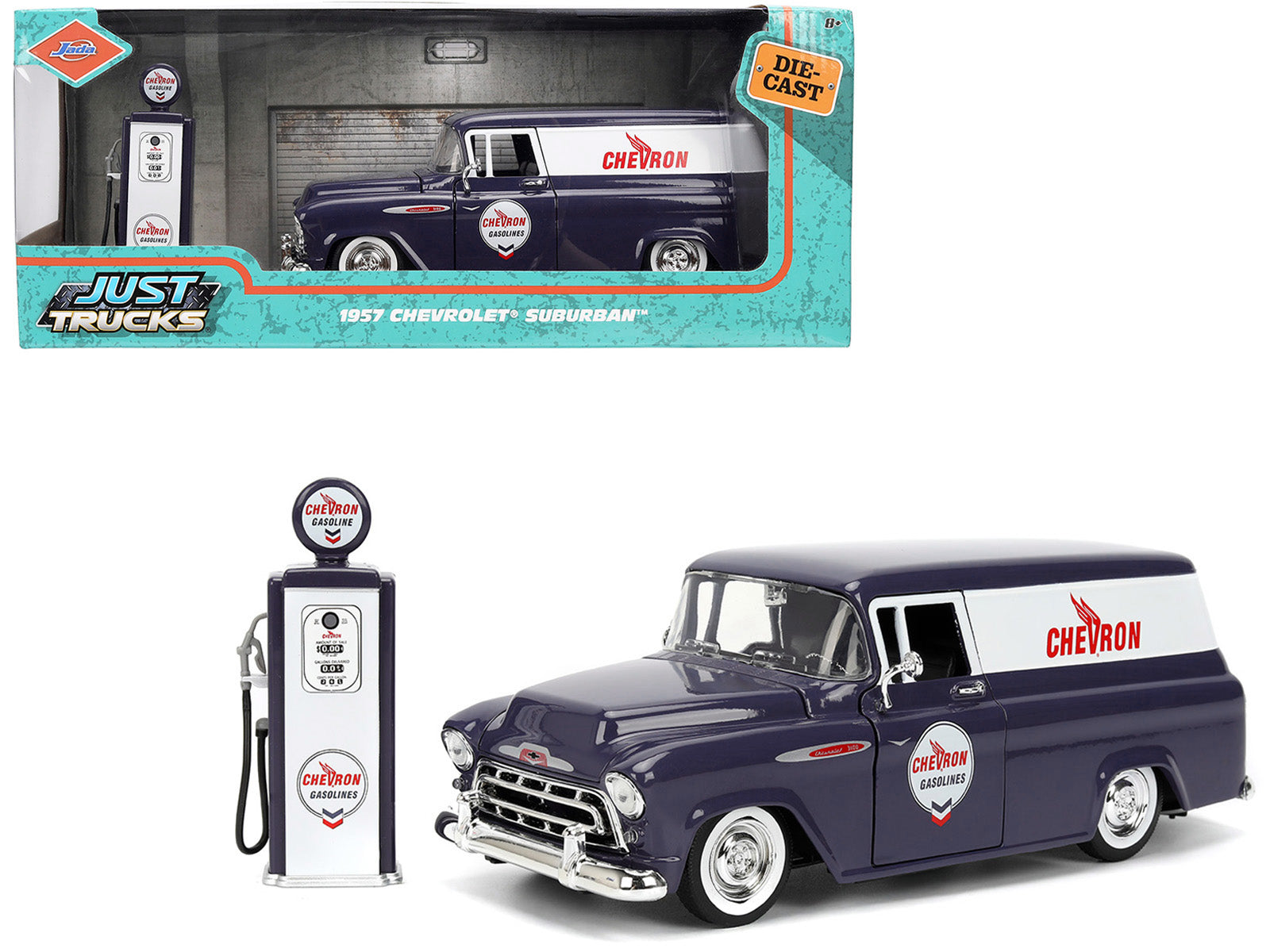 1957 Chevrolet Suburban "Chevron" Dark Blue with White Stripes and Chevron Gas Pump "Just Trucks" Series 1/24 Diecast Model Car by Jada