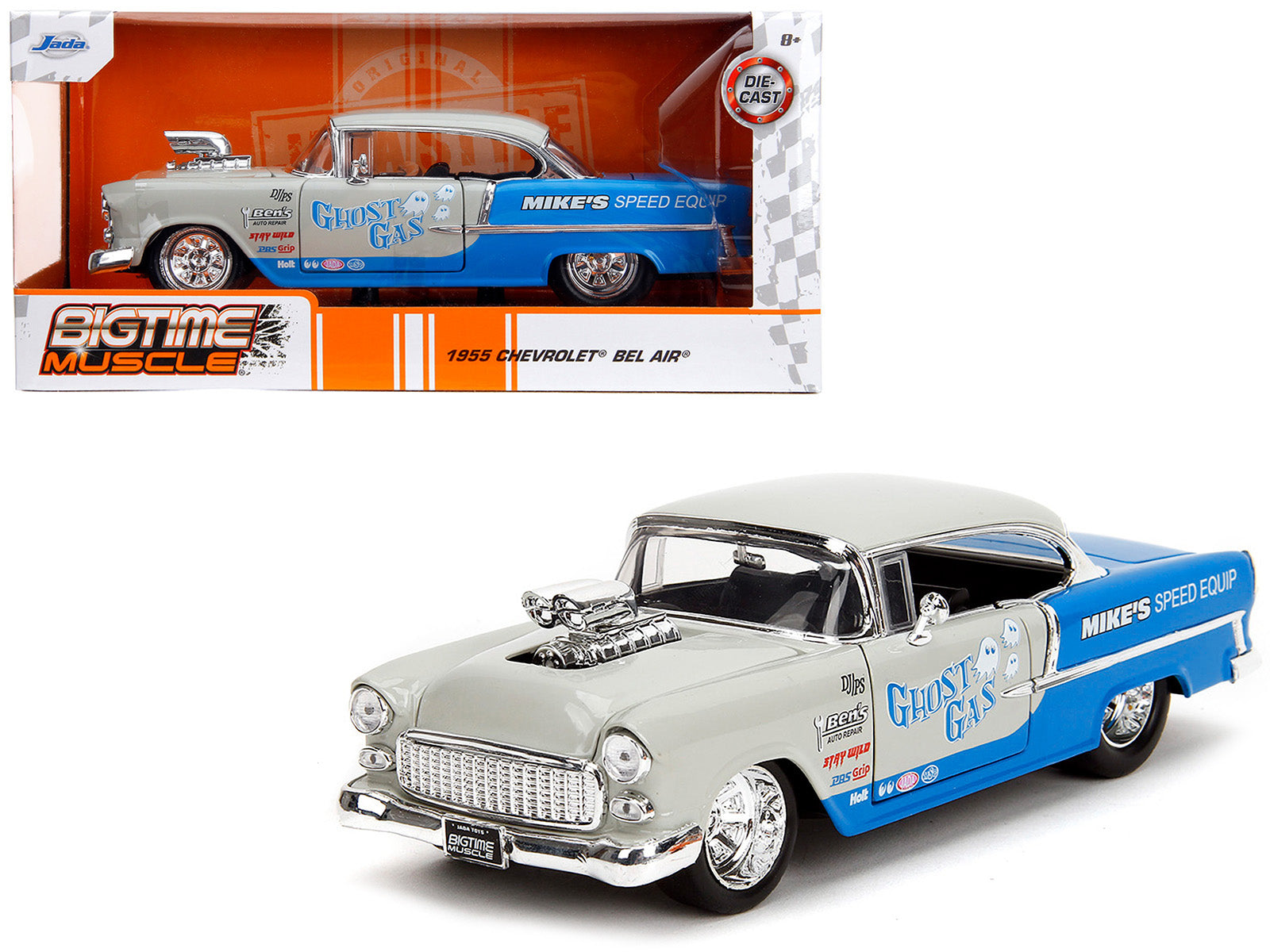 1955 Chevrolet Bel Air "Ghost Gas - Mike's Speed Equip" Light Gray and Blue "Bigtime Muscle" Series 1/24 Diecast Model Car by Jada