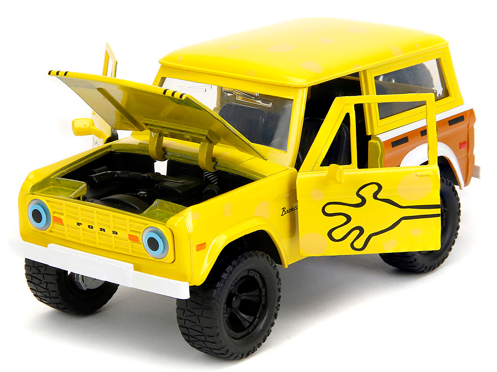 1973 Ford Bronco Yellow with Graphics and SpongeBob SquarePants Diecast Figure "SpongeBob SquarePants" (1999â€“Current) TV Series "Hollywood Rides" Series 1/24 Diecast Model Car by Jada