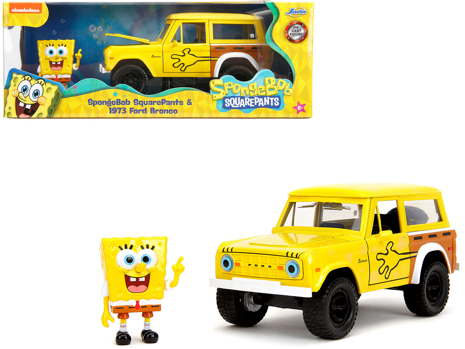 1973 Ford Bronco Yellow with Graphics and SpongeBob SquarePants Diecast Figure "SpongeBob SquarePants" (1999â€“Current) TV Series "Hollywood Rides" Series 1/24 Diecast Model Car by Jada
