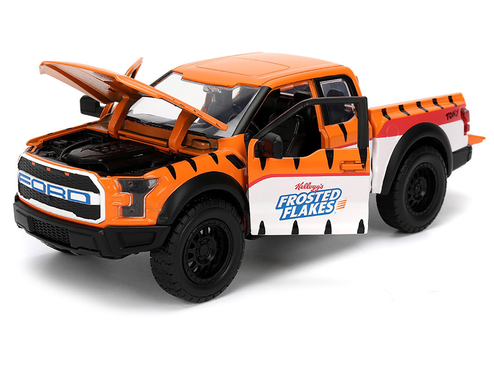 2017 Ford F-150 Raptor Pickup Truck "Frosted Flakes" Orange with Graphics and Tony the Tiger Diecast Figure "Hollywood Rides" Series 1/24 Diecast Model Car by Jada