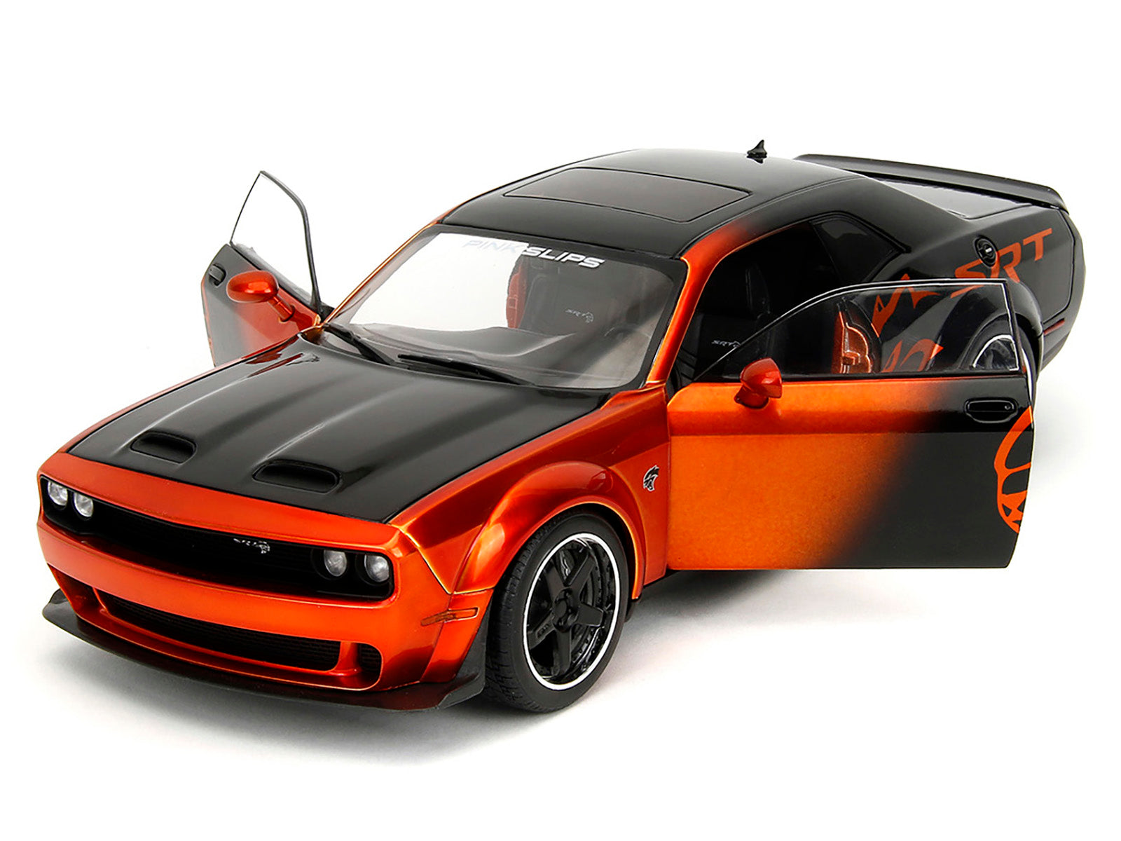 Dodge Challenger SRT Hellcat Orange Metallic and Black "Pink Slips" Series 1/18 Diecast Model Car by Jada