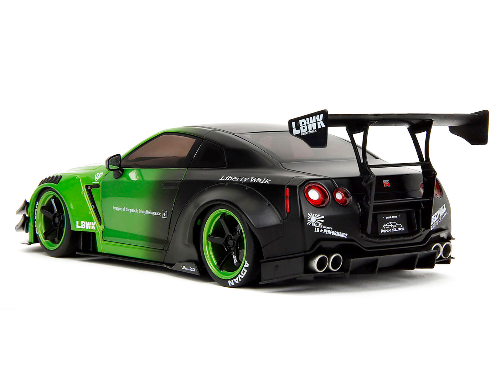 Nissan GT-R (R35) Liberty Walk Body Kit 2.0 RHD (Right Hand Drive) Green and Matt Black "Pink Slips" Series 1/18 Diecast Model Car by Jada