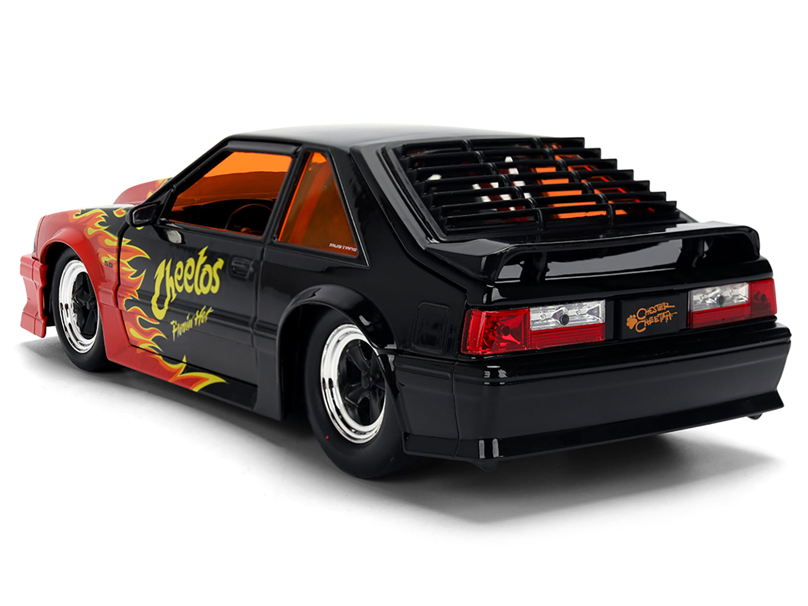 1989 Ford Mustang GT Black with Red Flame Graphics and Chester Cheetah Diecast Figure "Cheetos Flamin' Hot" "Hollywood Rides" Series 1/24 Diecast Model Car by Jada