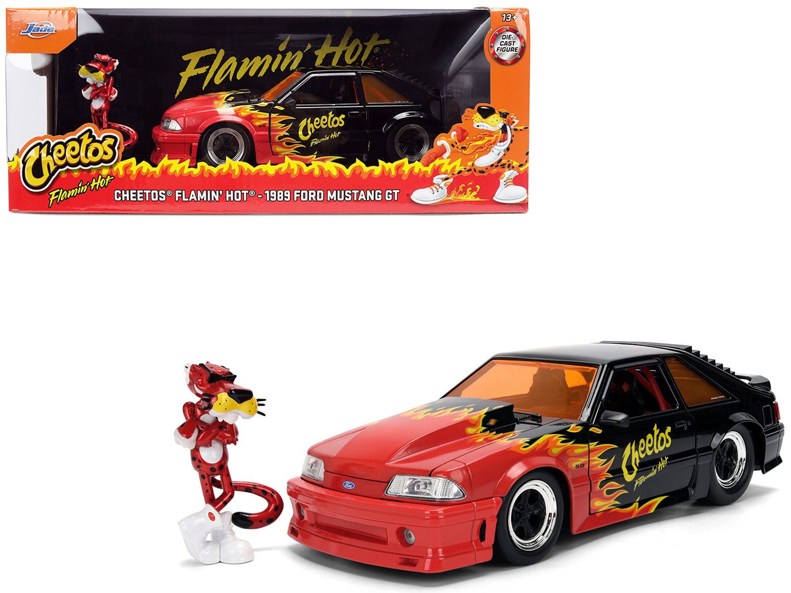 1989 Ford Mustang GT Black with Red Flame Graphics and Chester Cheetah Diecast Figure "Cheetos Flamin' Hot" "Hollywood Rides" Series 1/24 Diecast Model Car by Jada