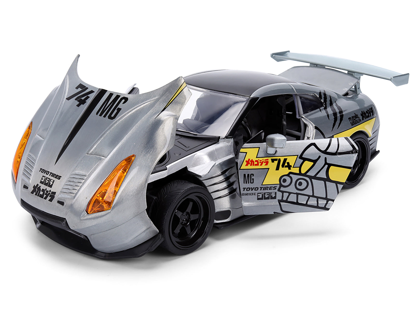 2009 Nissan GT-R (R35) Ben Sopra Brushed Metal with Black Top and Graphics and Mechagodzilla Diecast Figure "Godzilla" Franchise "Anime Hollywood Rides" Series 1/24 Diecast Model by Jada