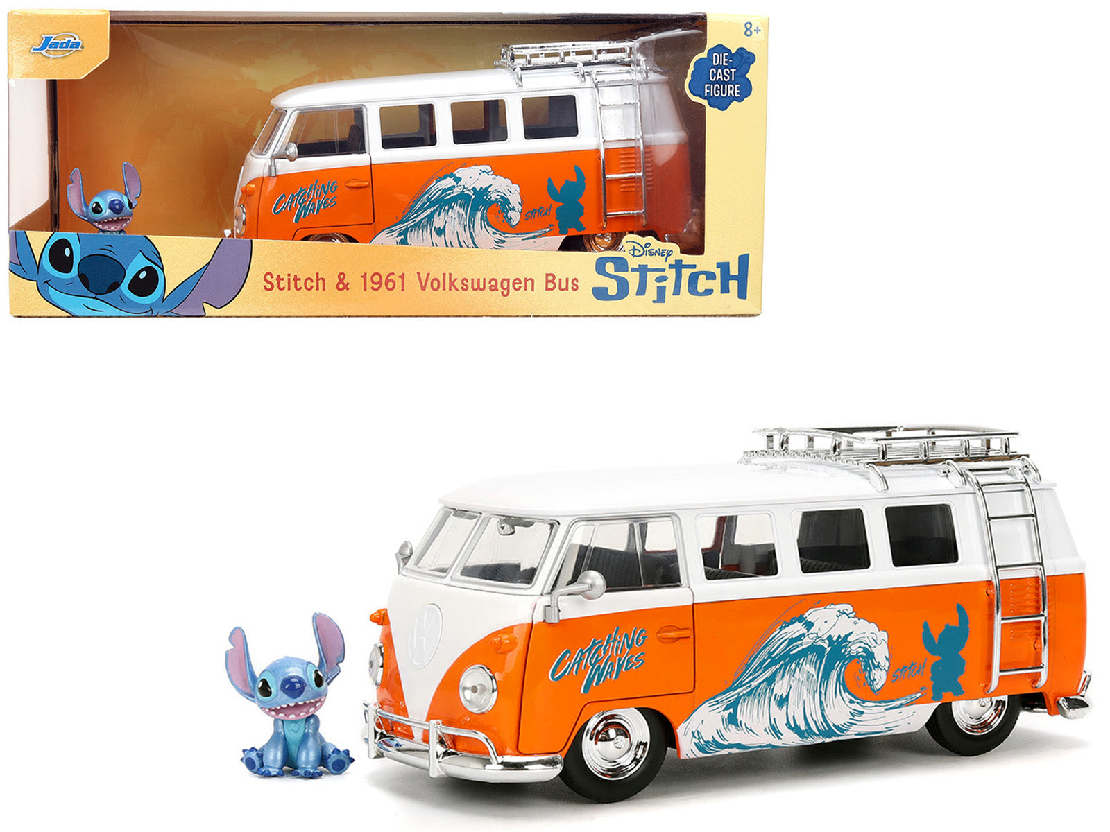 1961 Volkswagen Bus "Catching Waves" White and Orange with Stich Diecast Figure "Disney's Stitch" "Hollywood Rides" Series 1/24 Diecast Model by Jada