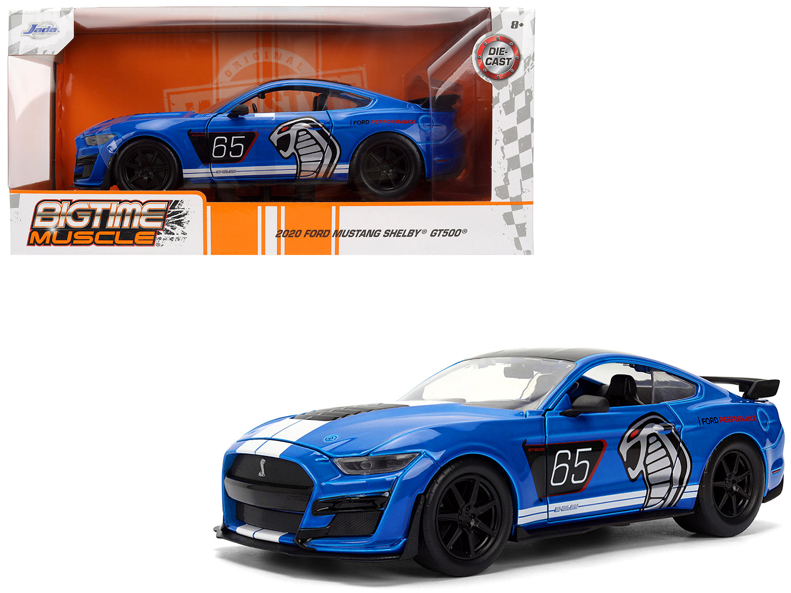 2020 Ford Mustang Shelby GT500 #65 "Ford Performance" Blue with Black Top and White Stripes "Bigtime Muscle" Series 1/24 Diecast Model Car by Jada