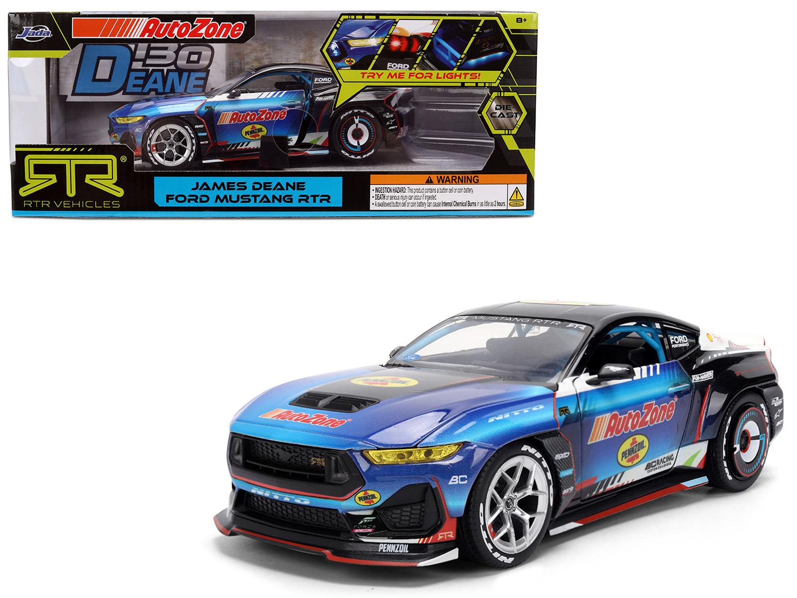 Ford Mustang RTR #130 James Deane "AutoZone" "Formula Drift PRO Championship" (2025) with Lights "RTR Vehicles" Series 1/24 Diecast Model Car by Jada