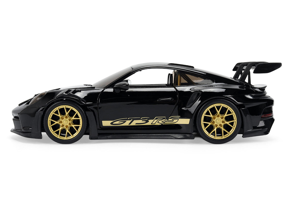 Porsche 911 (992) GT3 RS Black with Carbon Top and Hood Stripes and Gold Wheels "Hyper-Spec" 1/24 Diecast Model Car by Jada