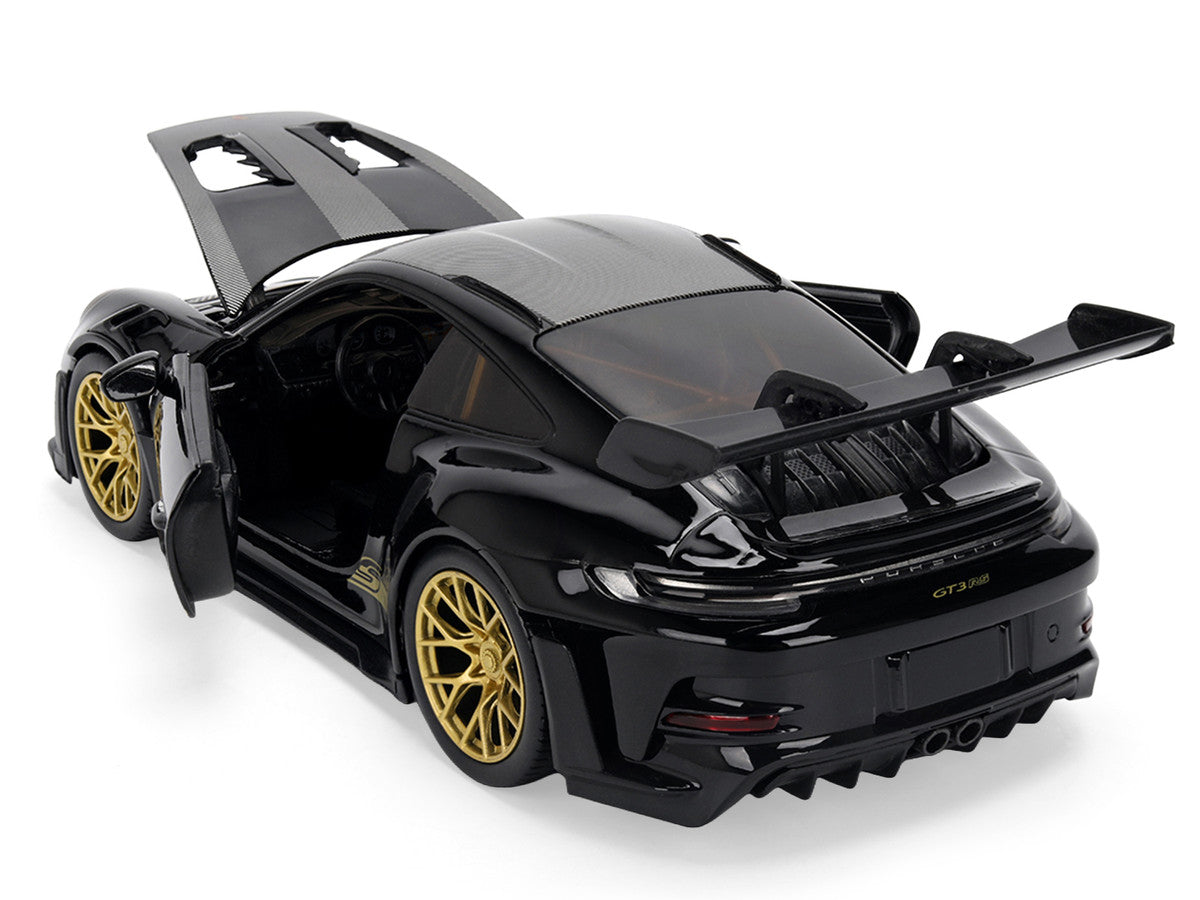 Porsche 911 (992) GT3 RS Black with Carbon Top and Hood Stripes and Gold Wheels "Hyper-Spec" 1/24 Diecast Model Car by Jada