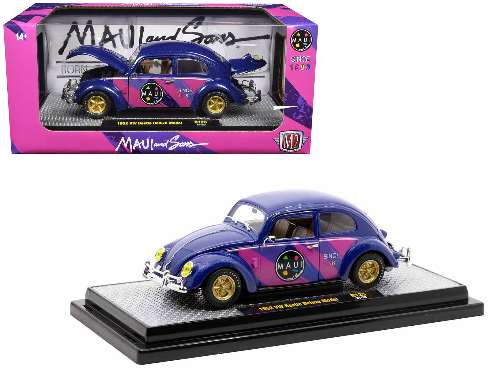 1952 Volkswagen Beetle Deluxe Model "Maui & Sons" Purple Metallic with Graphics Limited Edition to 6650 pieces Worldwide 1/24 Diecast Model Car by M2 Machines