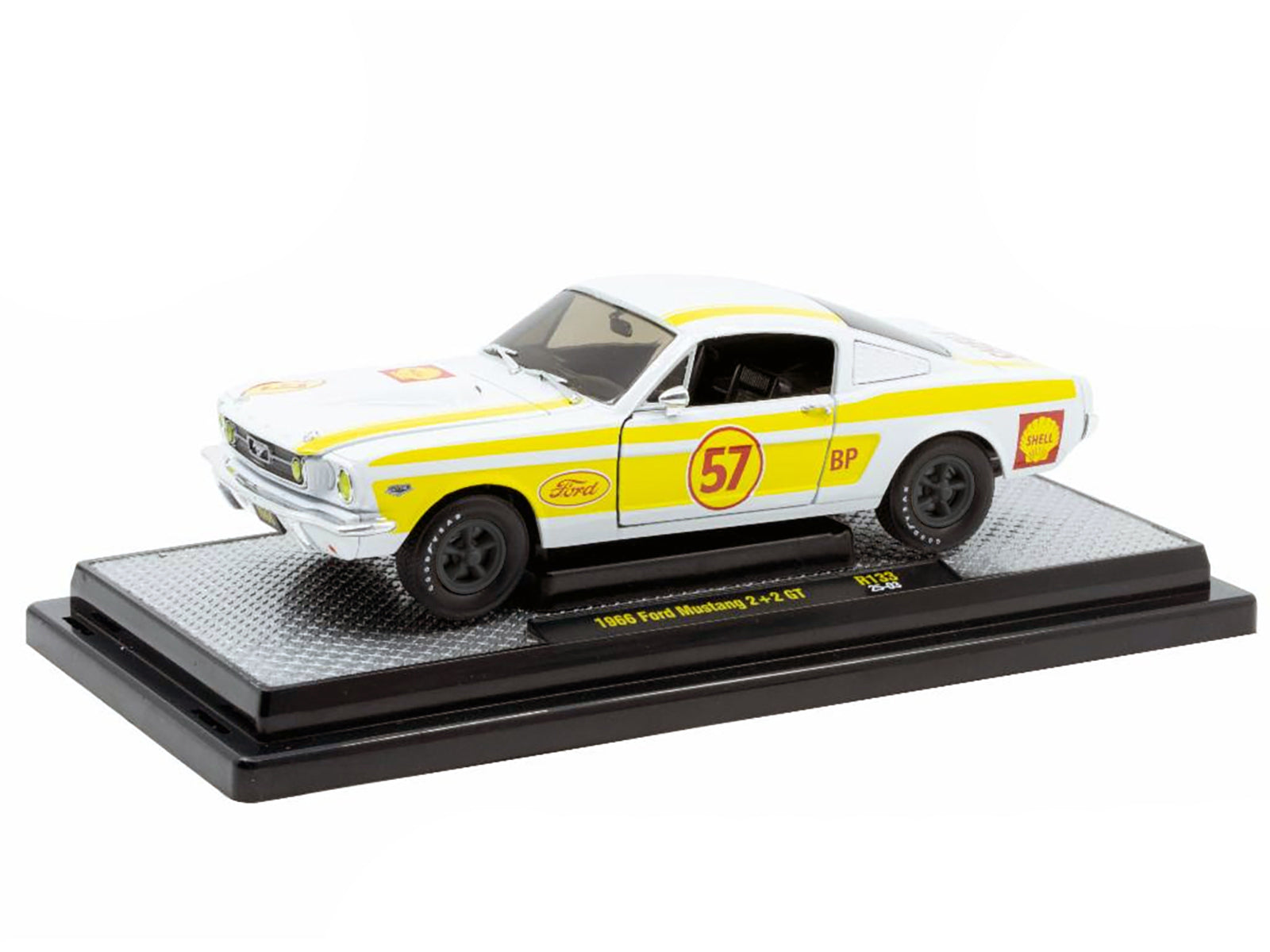 1966 Ford Mustang 2+2 GT #57 "Shell Oil" White with Yellow Stripes Limited Edition to 5650 pieces Worldwide 1/24 Diecast Model Car by M2 Machines