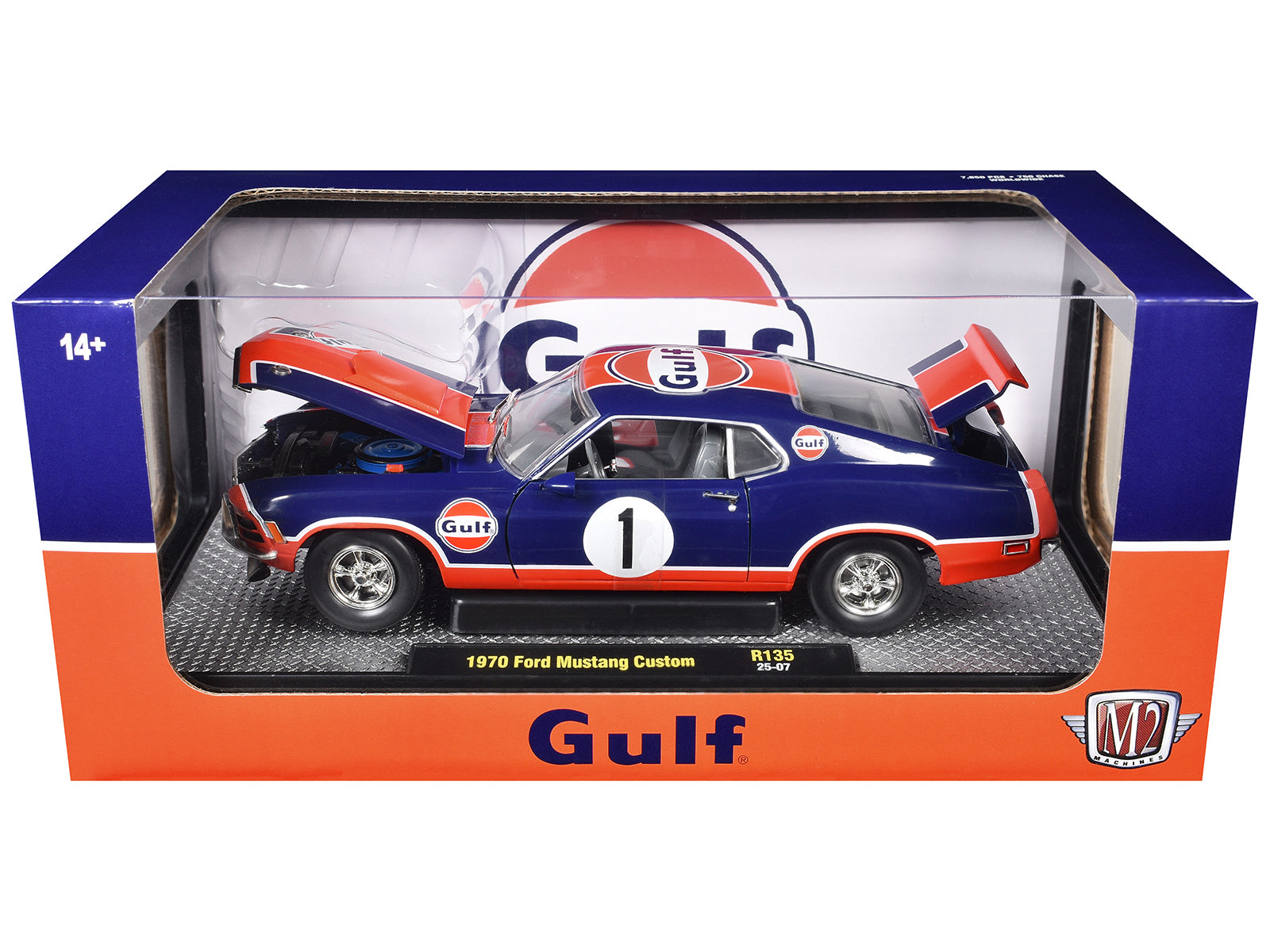 1970 Ford Mustang Custom #1 "Gulf Oil" Dark Blue with Orange Graphics Limited Edition to 7850 pieces Worldwide 1/24 Diecast Model Car by M2 Machines