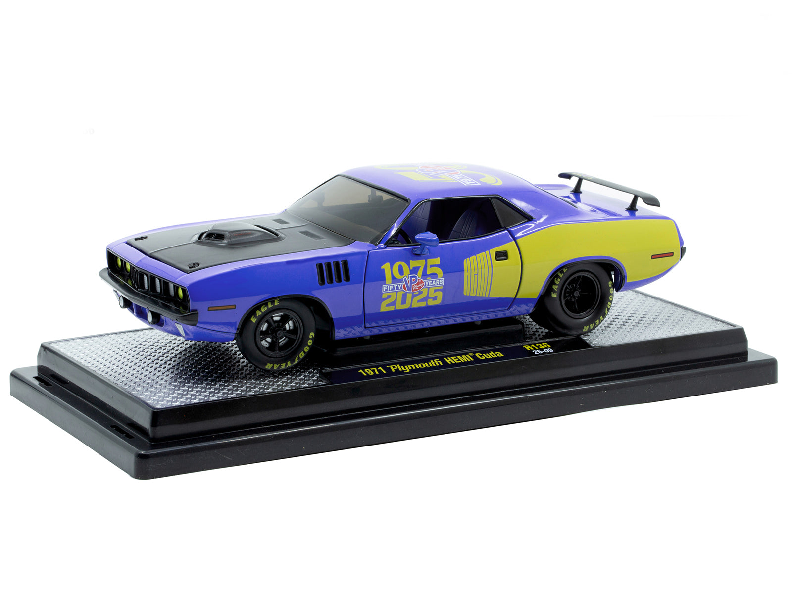 1971 Plymouth Hemi Cuda "VP Racing 50 Years" Blue with Yellow Sides Limited Edition to 8650 pieces Worldwide 1/24 Diecast Model Car by M2 Machines