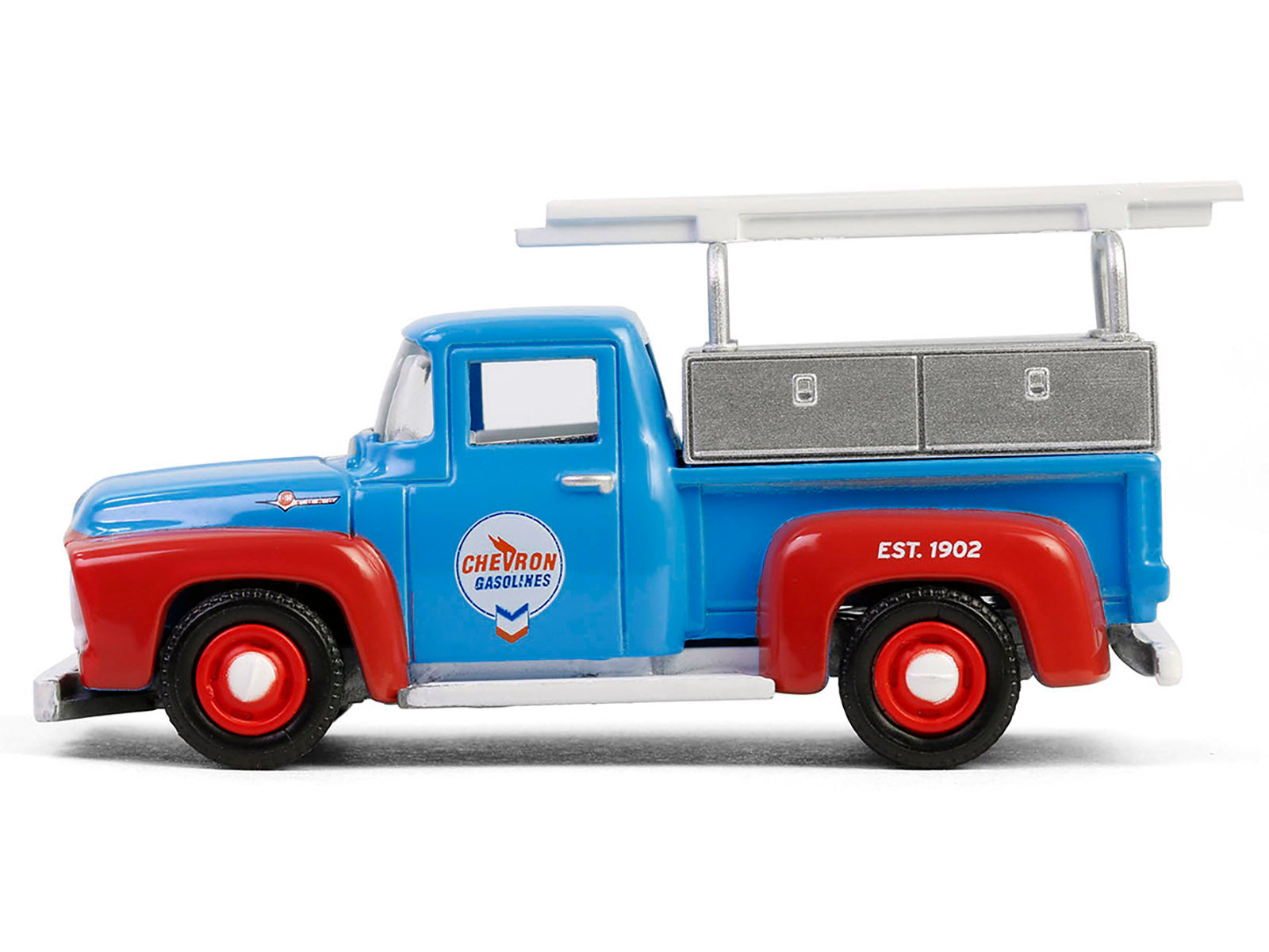 1956 Ford F-100 Pickup Truck with Tool Boxes and Ladders "Chevron" Blue and Red "Chevron Special Edition" Series 1 1/64 Diecast Model Car by Greenlight