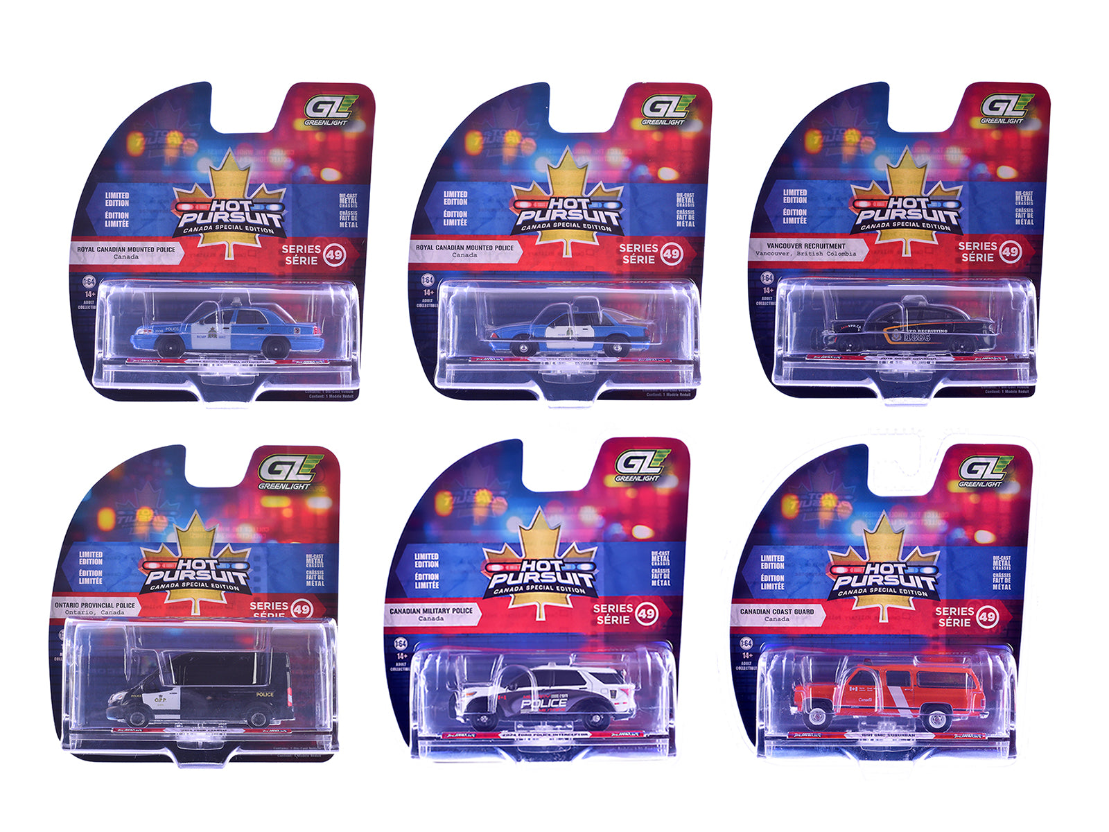 "Hot Pursuit - Canada Special Edition" Set of 6 Police Cars 1/64 Diecast Model Cars by Greenlight