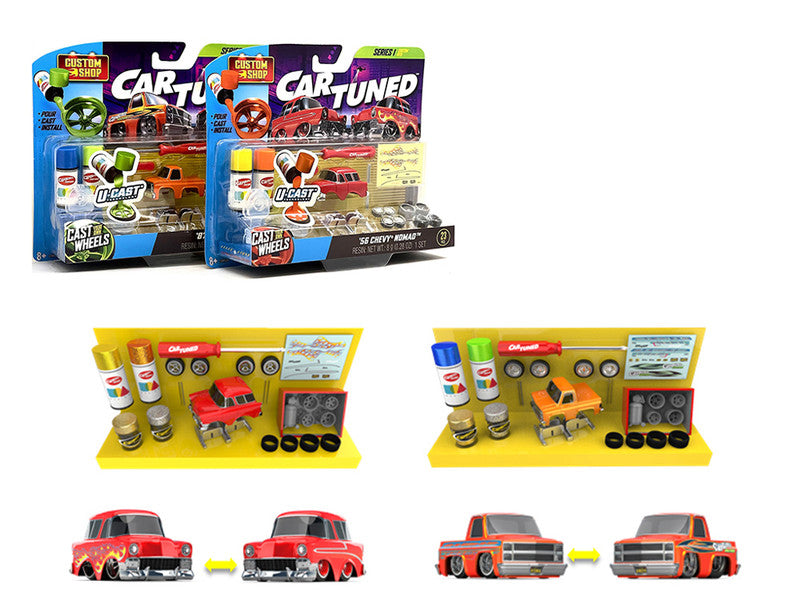 1987 Chevrolet C10 Pickup Truck Orange and 1956 Chevrolet Nomad Red "Custom Shop" 2 Car Set Diecast Model Cars by CarTuned