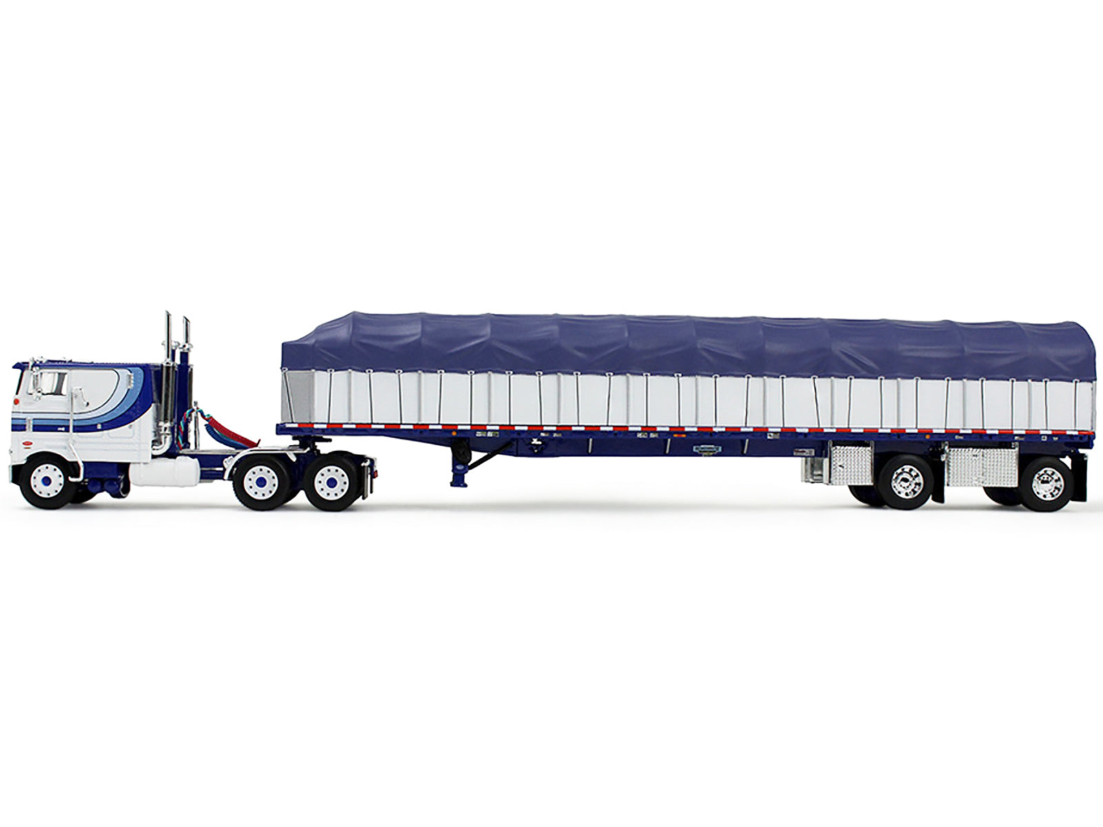 Peterbilt 352 COE 110" Sleeper and 53â€™ Wilson Roadbrute Flatbed Trailer with Covered Wagon White with Blue Stripes 1/64 Diecast Model by DCP/First Gear