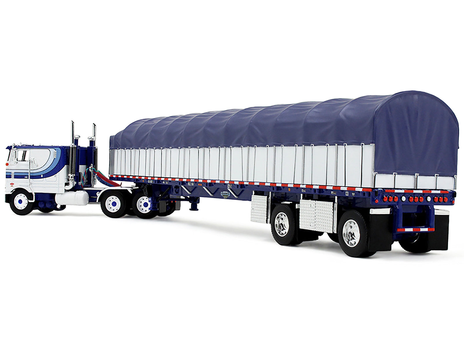 Peterbilt 352 COE 110" Sleeper and 53â€™ Wilson Roadbrute Flatbed Trailer with Covered Wagon White with Blue Stripes 1/64 Diecast Model by DCP/First Gear