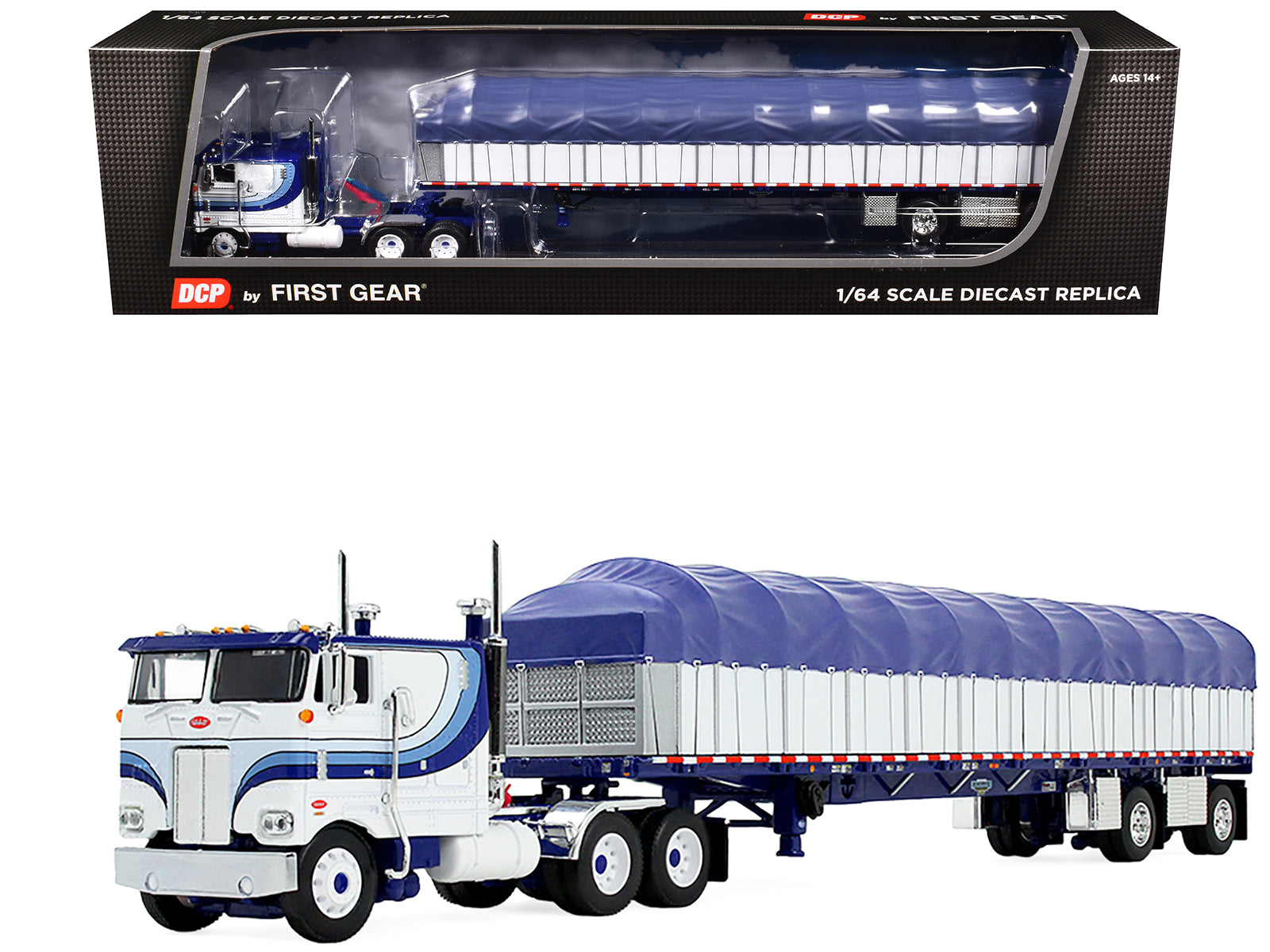 Peterbilt 352 COE 110" Sleeper and 53â€™ Wilson Roadbrute Flatbed Trailer with Covered Wagon White with Blue Stripes 1/64 Diecast Model by DCP/First Gear