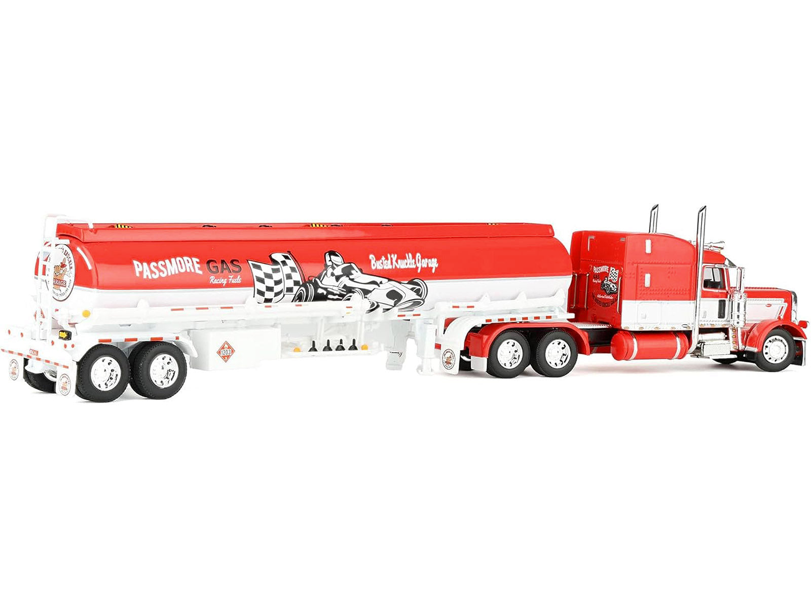 Peterbilt 389 with 63" Mid-Roof Sleeper and Heil Fuel Tank Trailer "Busted Knuckle Garage" Red and White 1/64 Diecast Model by DCP/First Gear