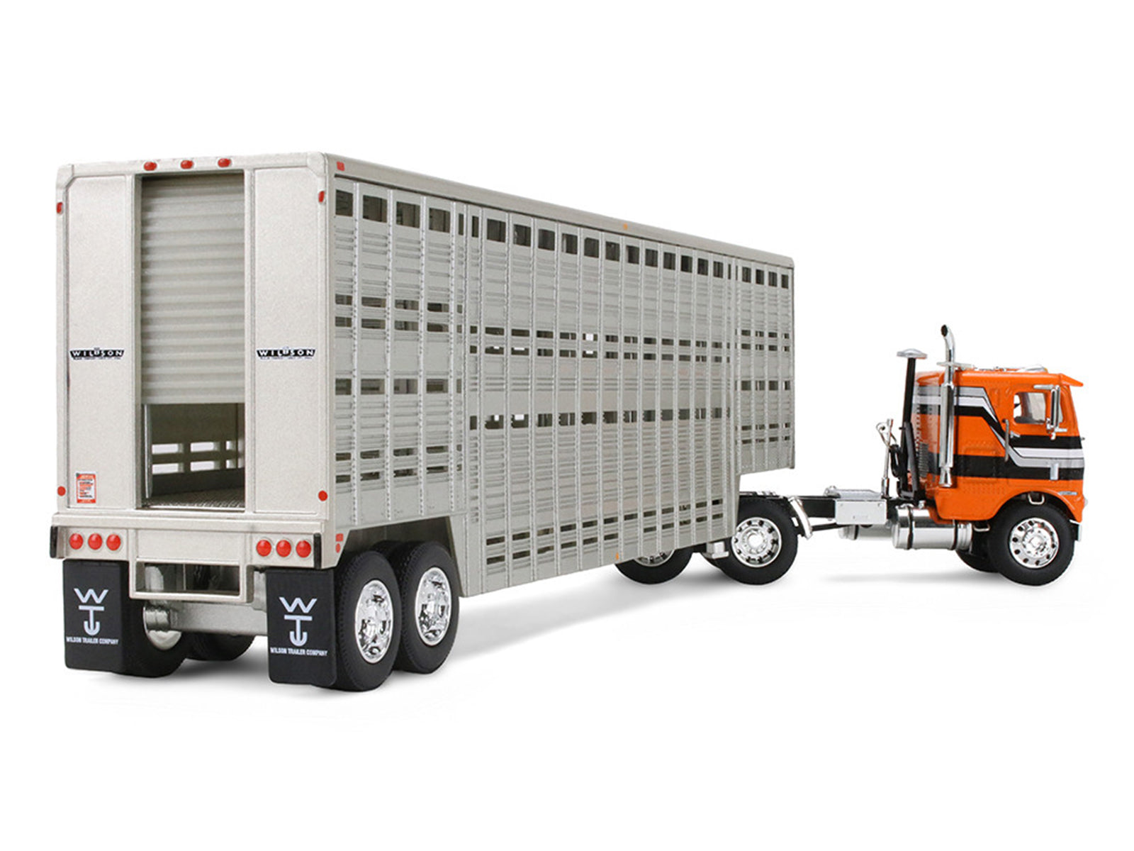 Freightliner COE and 45' Wilson Vintage Livestock Trailer Orange with Stripes 1/64 Diecast Model by DCP/First Gear