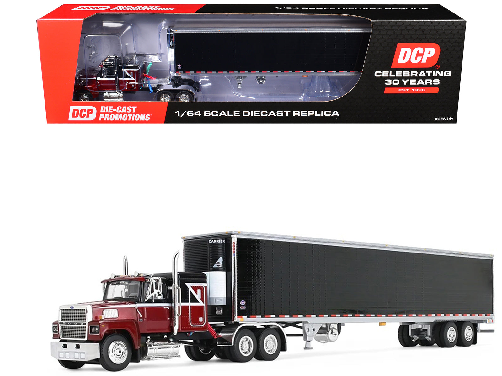 Ford LTL 9000 with 48" Flat Top Sleeper and 53' Utility Trailer with Reefer Volcano Red and Black 1/64 Diecast Model by First Gear