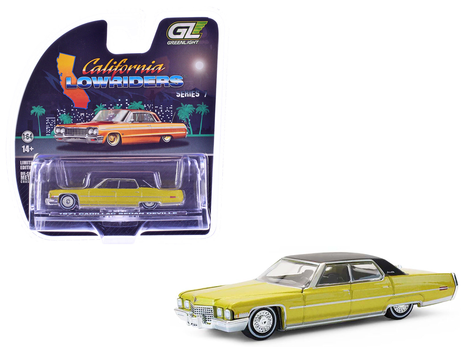 1971 Cadillac Sedan Deville Lowrider Gold Metallic with Black Top "California Lowriders" Series 7 1/64 Diecast Model Car by Greenlight