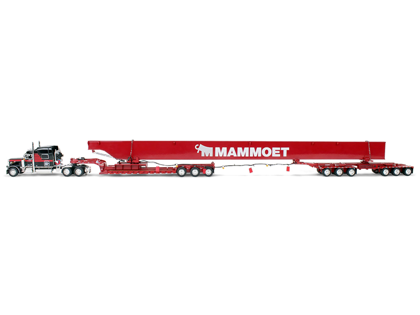 Peterbilt 379 with 70" Mid-Roof Sleeper and Fontaine Magnitude Lowboy with Bunk and ERMC 6-Axle Hydra Steer with Bridge Beam Section Load "Mammoet" Black with Red Stripes 1/64 Diecast Model by DCP/First Gear