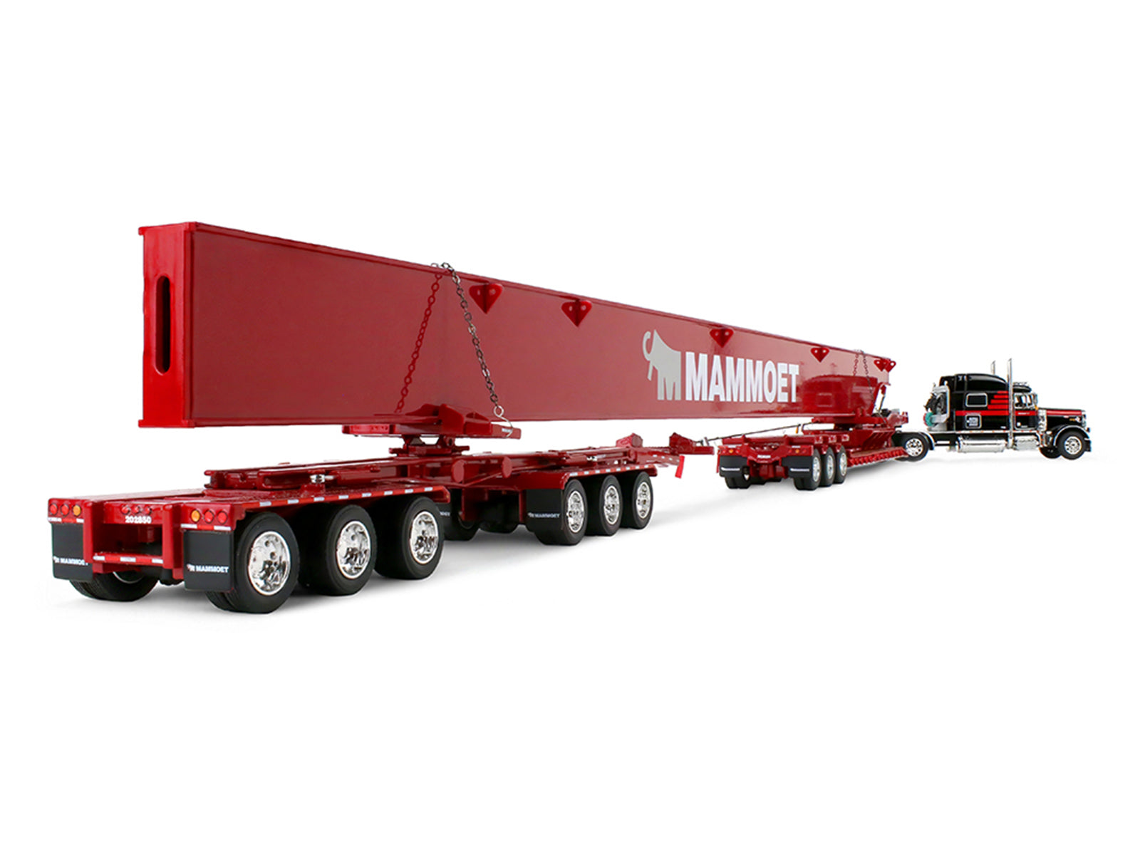 Peterbilt 379 with 70" Mid-Roof Sleeper and Fontaine Magnitude Lowboy with Bunk and ERMC 6-Axle Hydra Steer with Bridge Beam Section Load "Mammoet" Black with Red Stripes 1/64 Diecast Model by DCP/First Gear