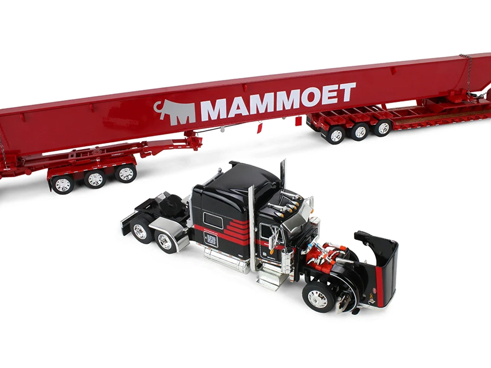 Peterbilt 379 with 70" Mid-Roof Sleeper and Fontaine Magnitude Lowboy with Bunk and ERMC 6-Axle Hydra Steer with Bridge Beam Section Load "Mammoet" Black with Red Stripes 1/64 Diecast Model by DCP/First Gear