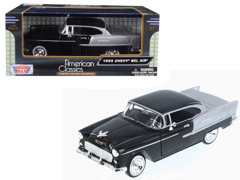 1955 Chevrolet Bel Air Black and Silver 1/24 Diecast Model Car by Motormax